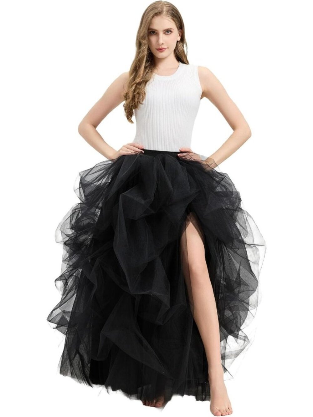 Fluffy Black Tulle Maxi Skirt with Slit | Elegant Party Tutu for Prom & Night